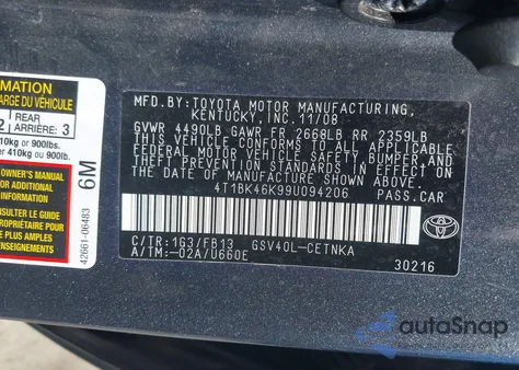 2009 Toyota Camry Le V6 из США, поврежденный, VIN 4T1BK46K99U094206